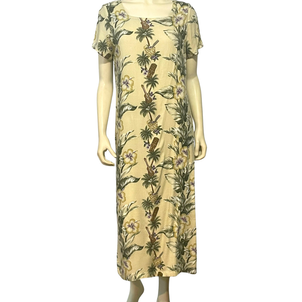 Winnie Fashion Sz M Relaxed Fit Maxi Dress Tropical Hawaiian Print Ukes Tikis